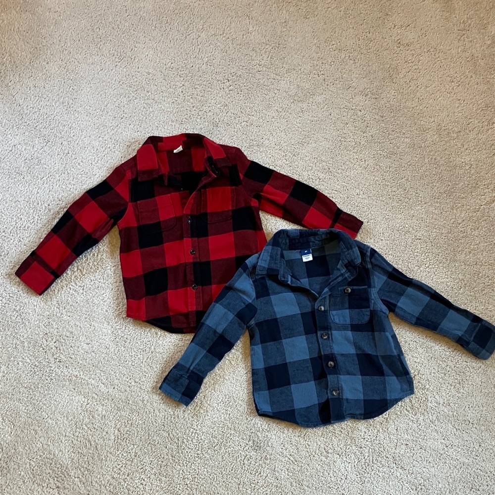 GAP & Old Navy Kids Red and Blue Plaid Button Down Shirts Bundle, 3T